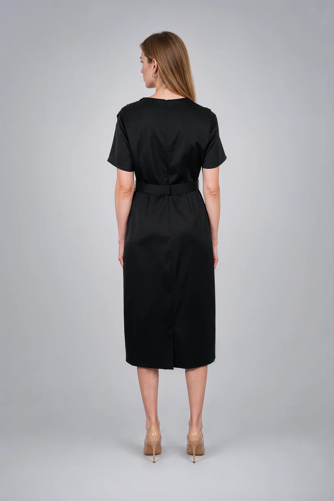 EMBELLISHED SHOULDER SATIN MIDI 91C8011