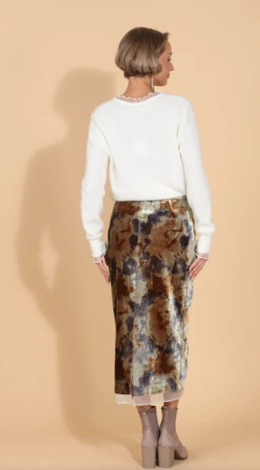 PRINTED VELVET SKIRT W/ TRIM SK115