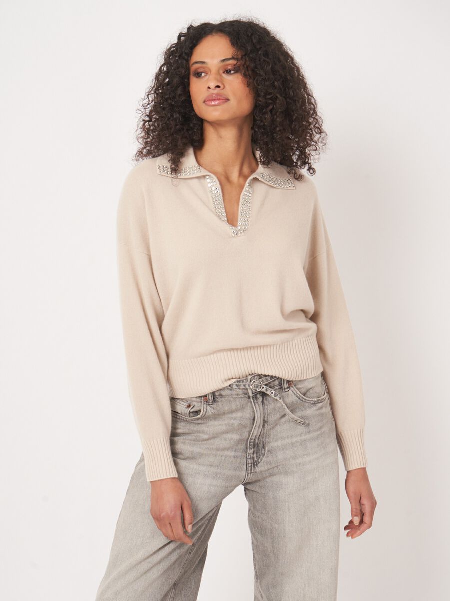 CASHMERE SWEATER W/ PEARL TRIM 103598