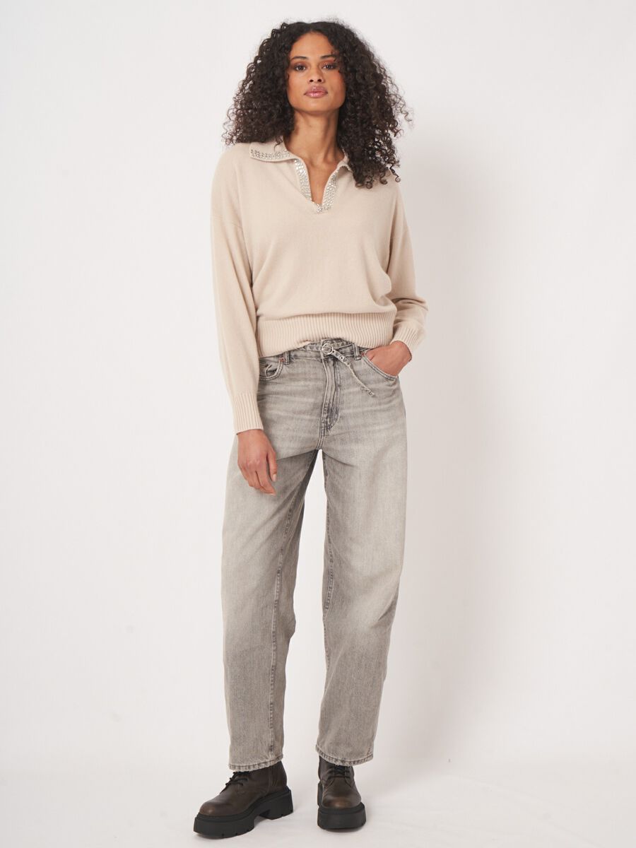 CASHMERE SWEATER W/ PEARL TRIM 103598