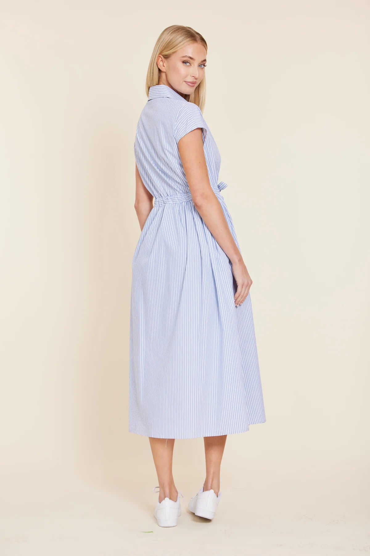 POPLIN STRIPED TIE WAIST LONG DRESS 201