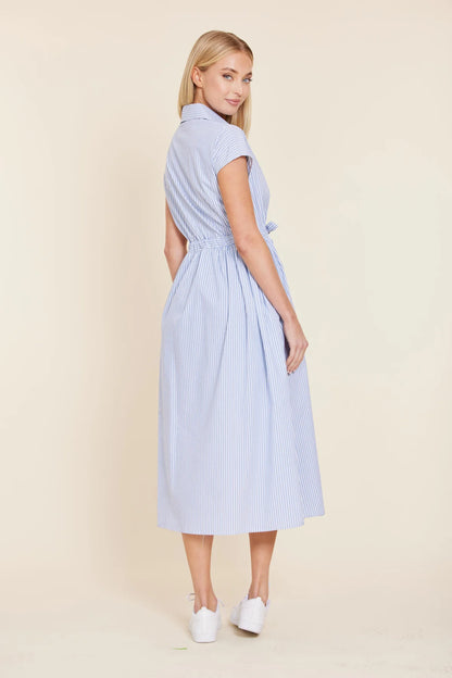 POPLIN STRIPED TIE WAIST LONG DRESS 201