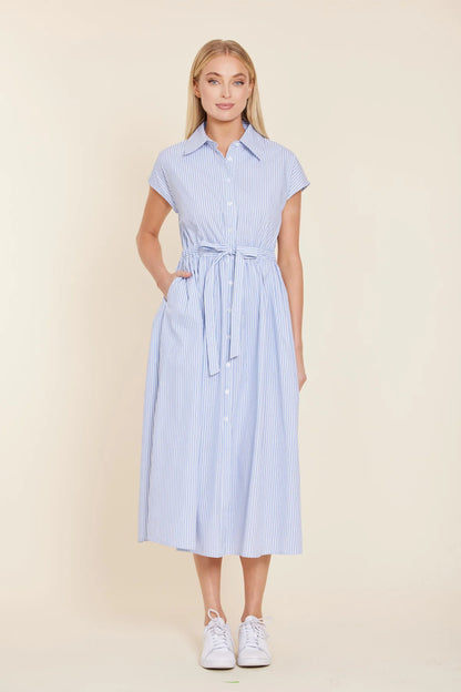 POPLIN STRIPED TIE WAIST LONG DRESS 201