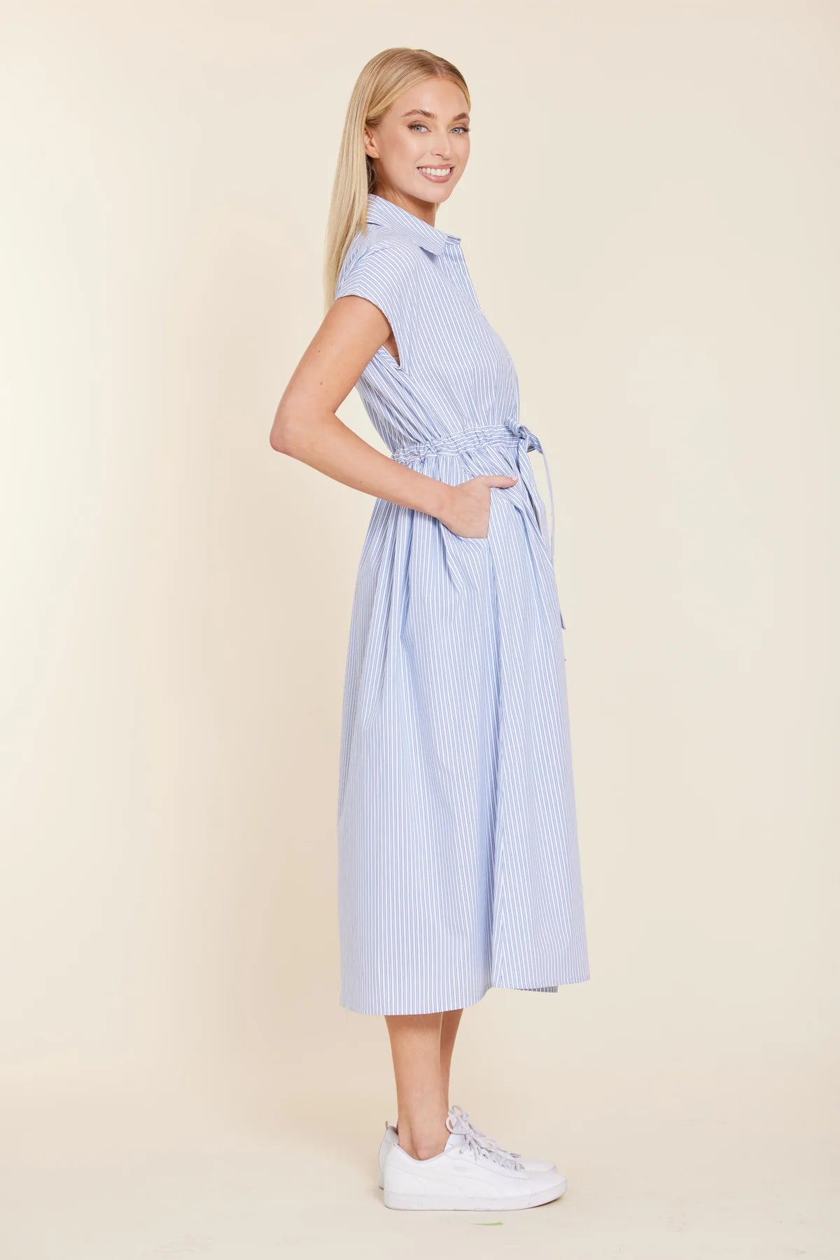POPLIN STRIPED TIE WAIST LONG DRESS 201