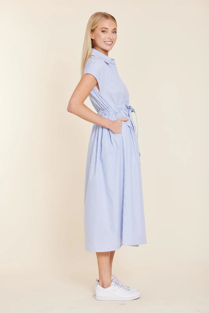 POPLIN STRIPED TIE WAIST LONG DRESS 201