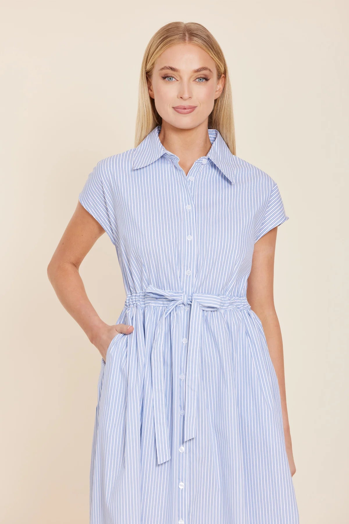 POPLIN STRIPED TIE WAIST LONG DRESS 201