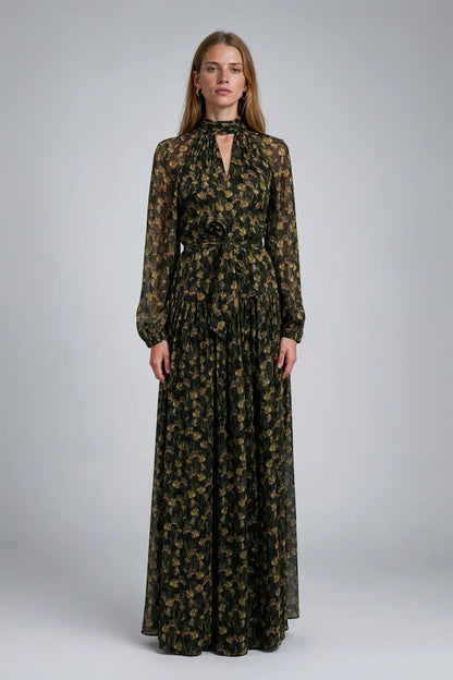 FLORAL HIGH NECK BELTED GOWN 91G8048X