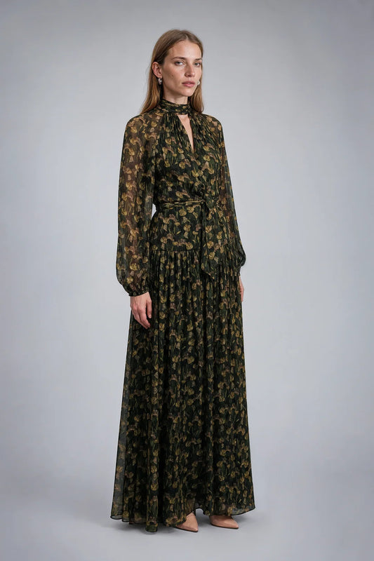 FLORAL HIGH NECK BELTED GOWN 91G8048X