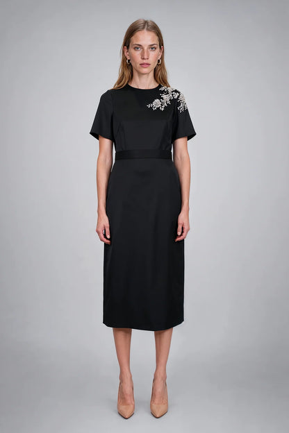 EMBELLISHED SHOULDER SATIN MIDI 91C8011