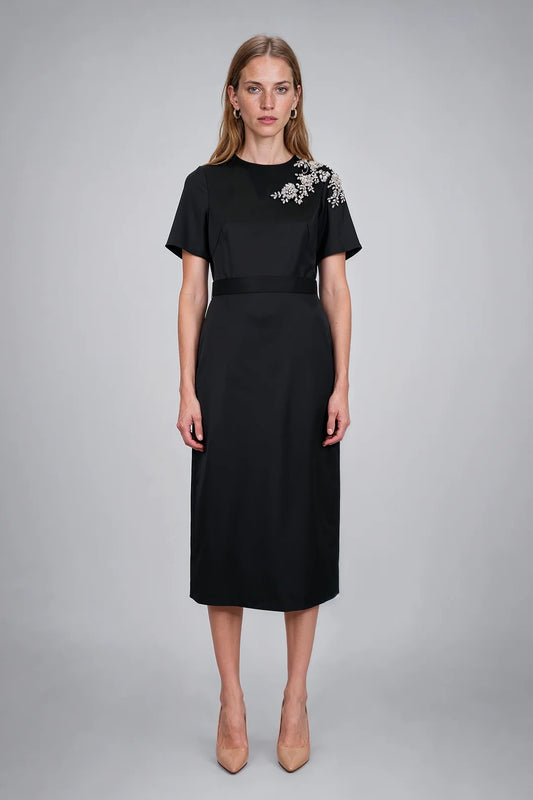 EMBELLISHED SHOULDER SATIN MIDI 91C8011