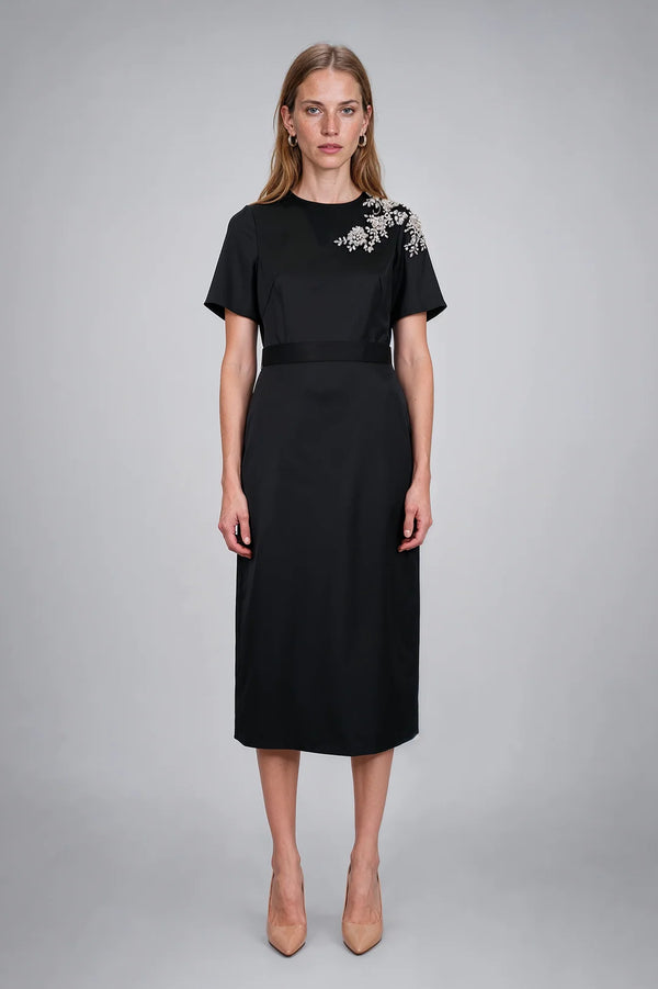 EMBELLISHED SHOULDER SATIN MIDI 91C8011