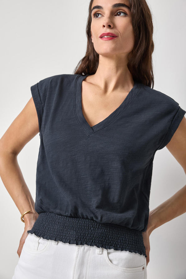 SMOCKED HEM V NECK  PA3399