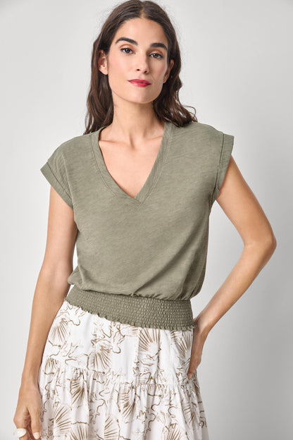 SMOCKED HEM V NECK  PA3399