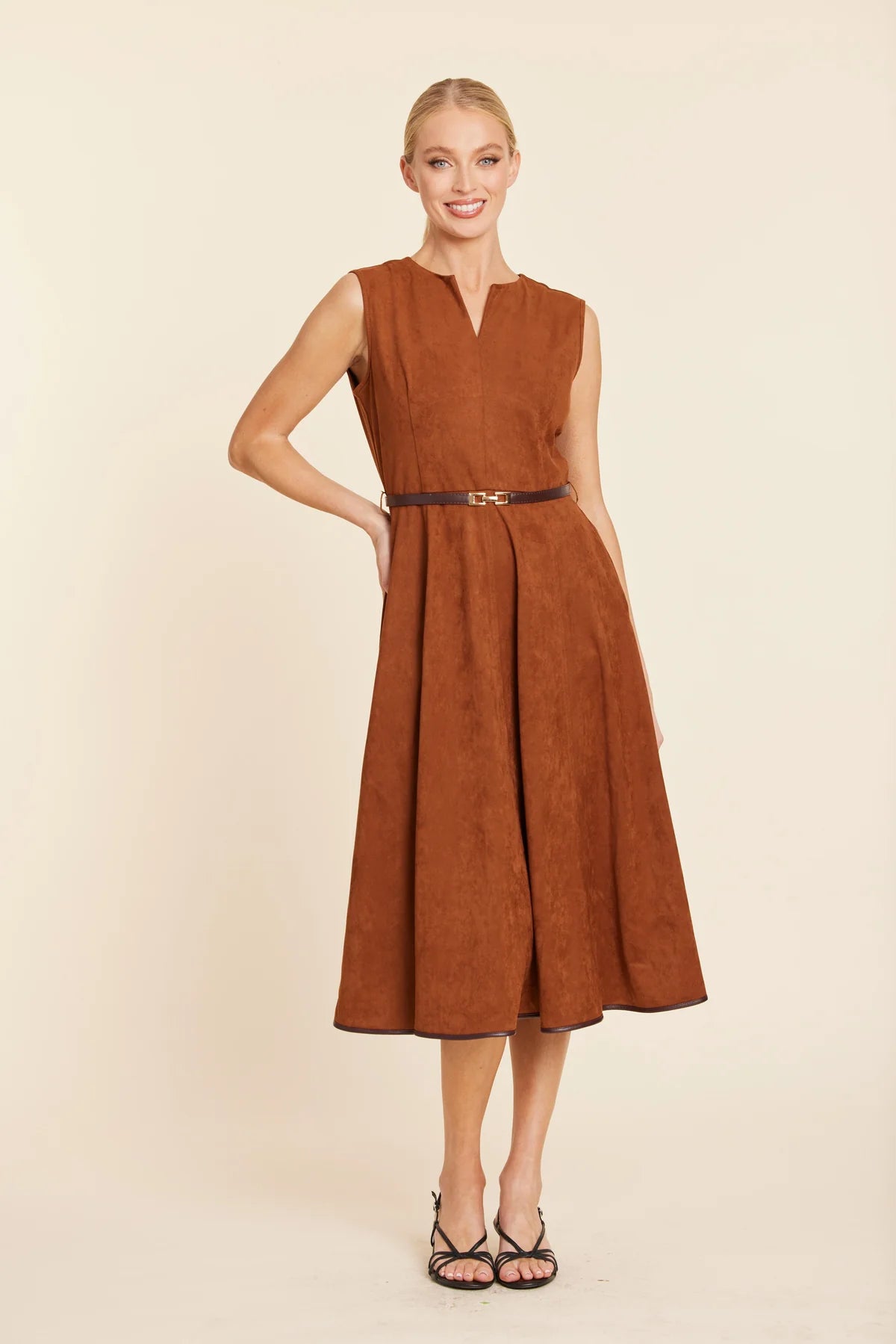 FAUX SUEDE BELTED MIDI DRESS 371