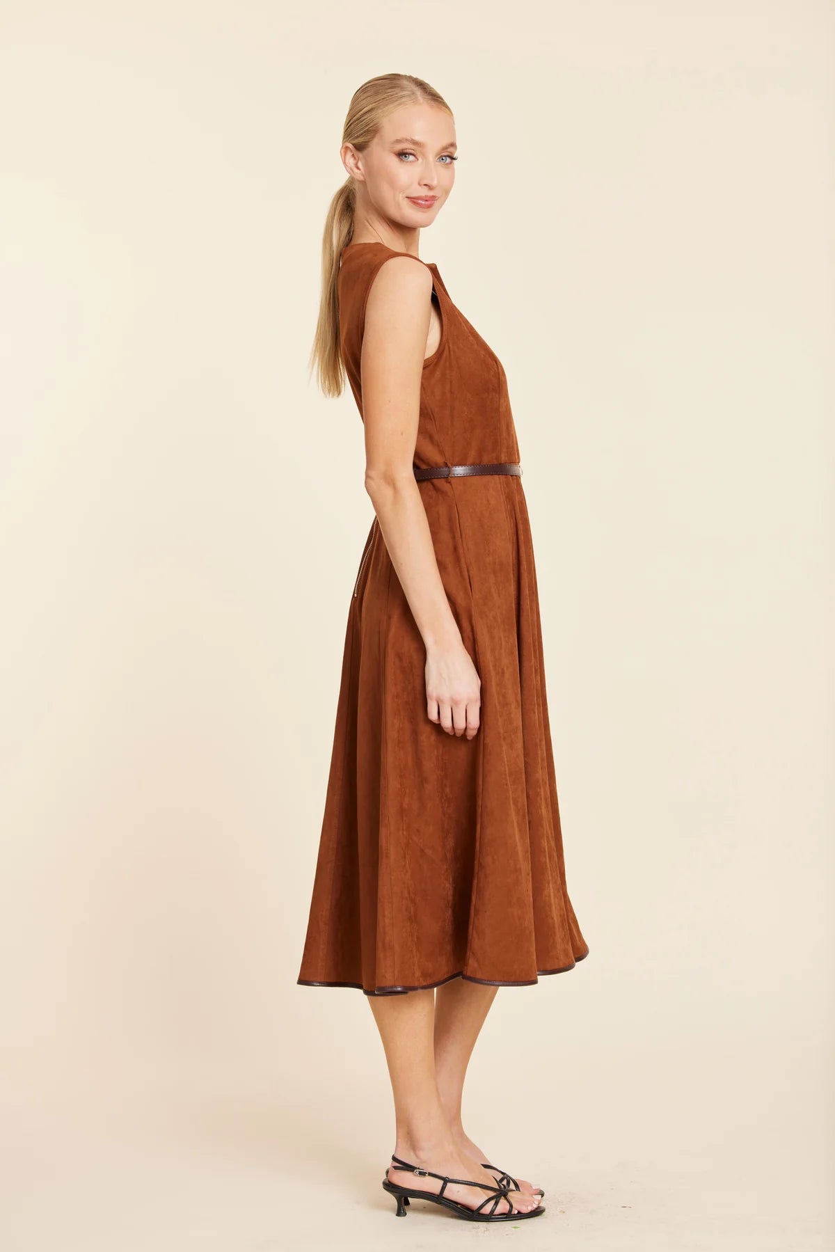 FAUX SUEDE BELTED MIDI DRESS 371