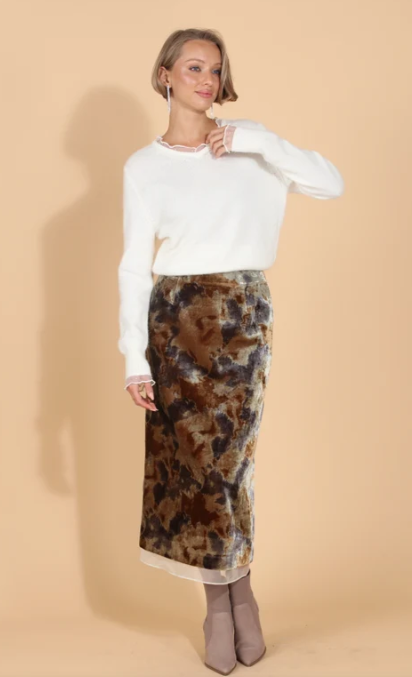 PRINTED VELVET SKIRT W/ TRIM SK115
