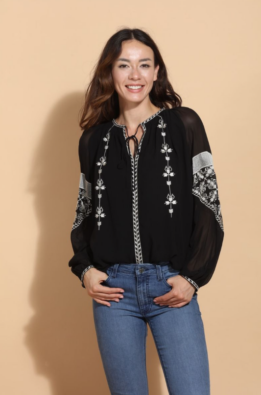 EMBROIDERED TOP W/ TIE NECK 542
